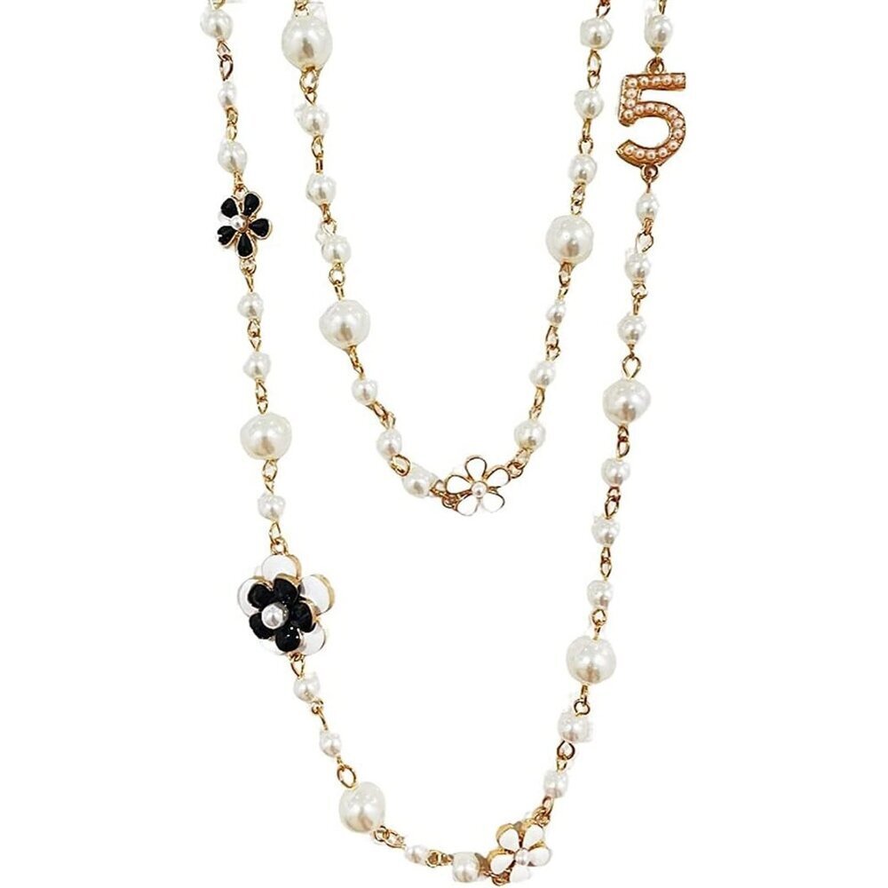 Pearl Necklace Women's Long Double Stranded Camellia Faux Pearls Gift